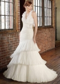 Ivory Satin Pleated Organza Halter Mermaid Trumpet Wedding Dress