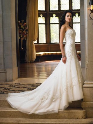 Strapless Lace Crystals Satin Soft Tulle A-line/Princess Wedding (ZBA01113)