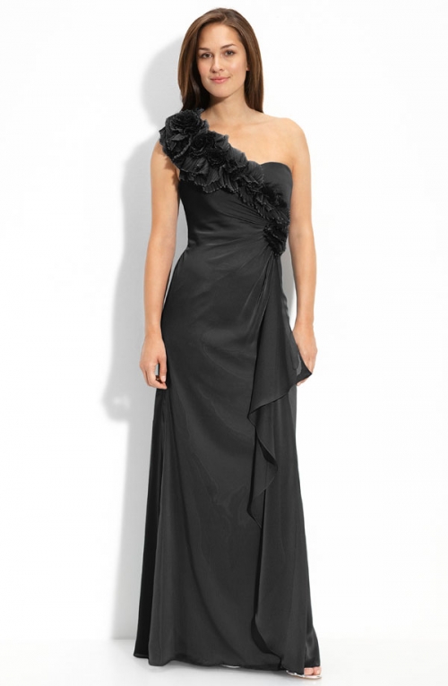 Rosette Trim One Shoulder Chiffon Gown
