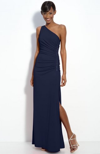 Beaded Panel One Shoulder Jersey Gown