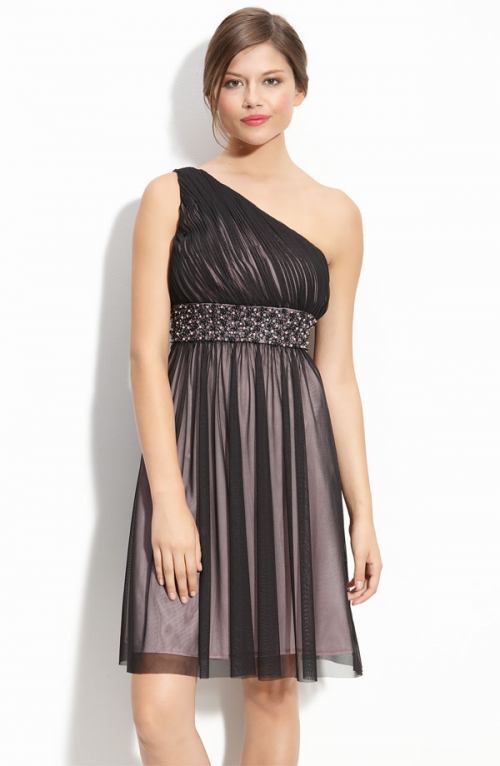 Beaded Ruched Mesh Dress
