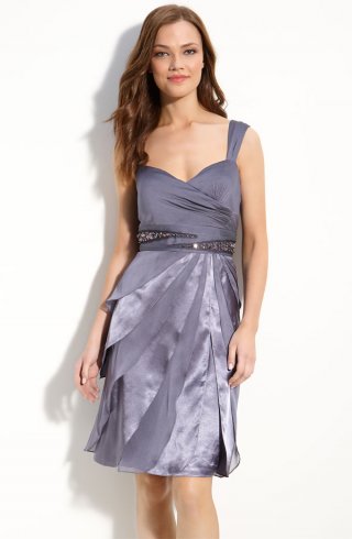 Beaded Chiffon & Satin Flutter Skirt Dress
