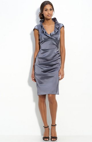 Ruffle Collar Stretch Satin Sheath Dress