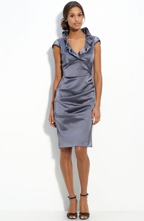 Ruffle Collar Stretch Satin Sheath Dress