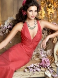 Halter Full length Cherry Taffeta A-line Bridesmaid Dress (BOTS0367)