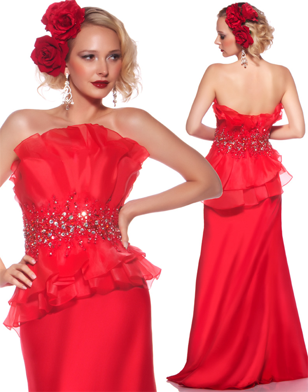 Sex Red Satin And Organza Strapless Empire Floor Length Evening Dress(OCT-59)