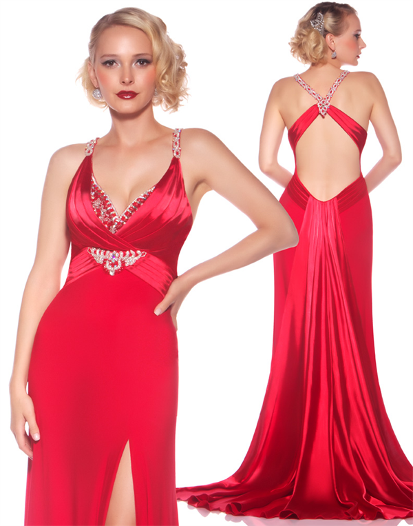 Sex Red Satin Strapls With Beads Working Empire Floor Length Evening Dress(OCT-60)