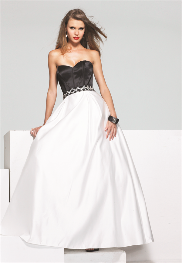 White And Black Satin Elegant Sweatheart Empire Floor Length Evening Dress(OCT-84)