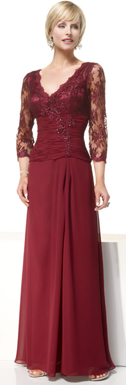 Embroider V-neck 3/4 lace Sleeves Beaded Red Floor Length Mother of Groom and Bride Dress