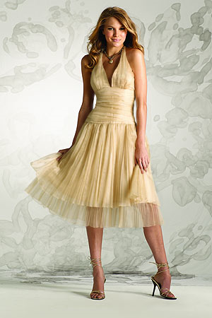 Deep V-neck Halter Elegant Vintage light yellow A-line short empire chffon Bridesmaid Dress