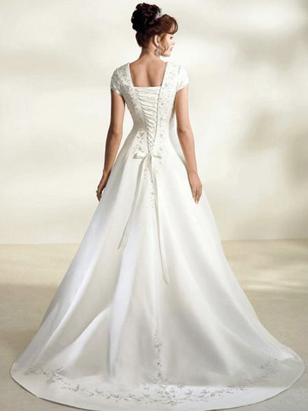 2012 classic Square Neckline Short Sleeves beading applique decoration around body satin wedding dresses