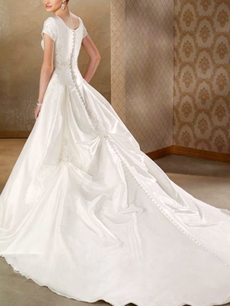 2012 traditional Short Sleeves Embroidery at waist and hemline A line satin wedding dress