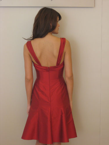 Charming Red Tea Length Square Column/ sheath Satin Evenling/ Bridesmaid Dress