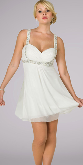 Cute White Pleated Beaded straps Mini Design A-line knee length Summer Cocktail Prom Dress