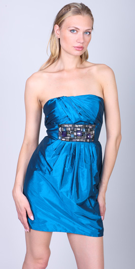 Blue Short Fashion Strapless Elastic Woven Design pleated Cocktail Celebrity Dress