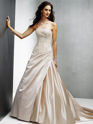 Strapless A-line Chapel Train Satin Lace Wedding Dresses (SK0038)