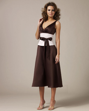 V-neck A-line Tea Length Satin Bridesmaid Dresses (KB0620) V-neck A-line Tea Length Satin Bridesmaid Dresses (KB0620)