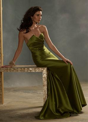 Long Bridesmaid Dress Olive Strapless Satin V-neckline