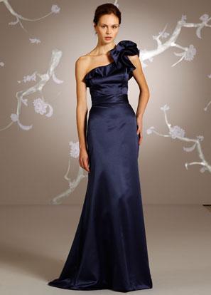 Indigo Bridesmaid Dress Long Satin Ruffle Belt One Shoulder