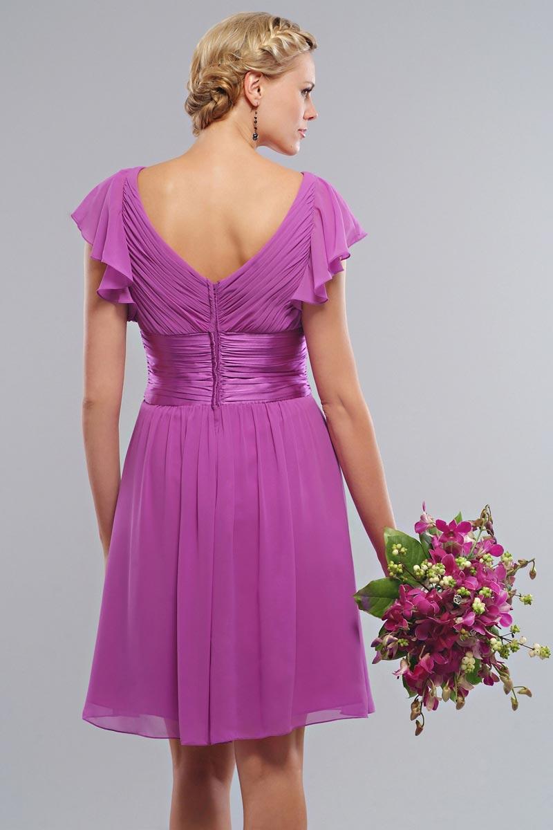 V neckline Cap Sleeves Chiffon Lilac Bridesmaid Dresses