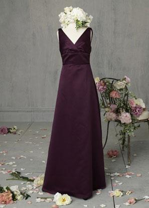 V-neck Full length Eggplant satin A-line Junior Bridesmaid Dress