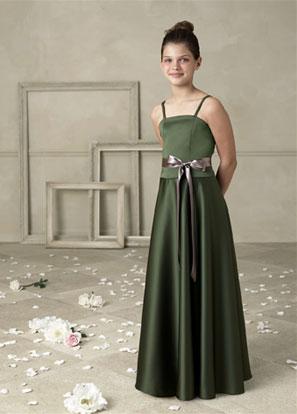 Square Full length Sash Moss satin A-line Junior Bridesmaid Dress