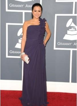 Lilac One Shoulder Ruffle Sheath Long Chiffon Evening Dresses