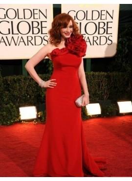 Elegant Red One Shoulder Ruffles Charmeuse Long Evening Dresses