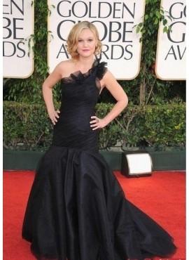 Elegant One Shoulder Ruffle Organza Satin Long Evening Dress