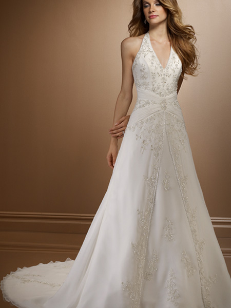 A-line Halter Embroider V-neck Sweep length Satin/Chiffon Lacing up Wedding dress A-line Halter Embroider V-neck Sweep length Satin/Chiffon Lacing up Wedding dress