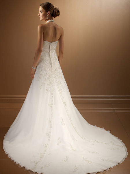 A-line Halter Embroider V-neck Sweep length Satin/Chiffon Lacing up Wedding dress