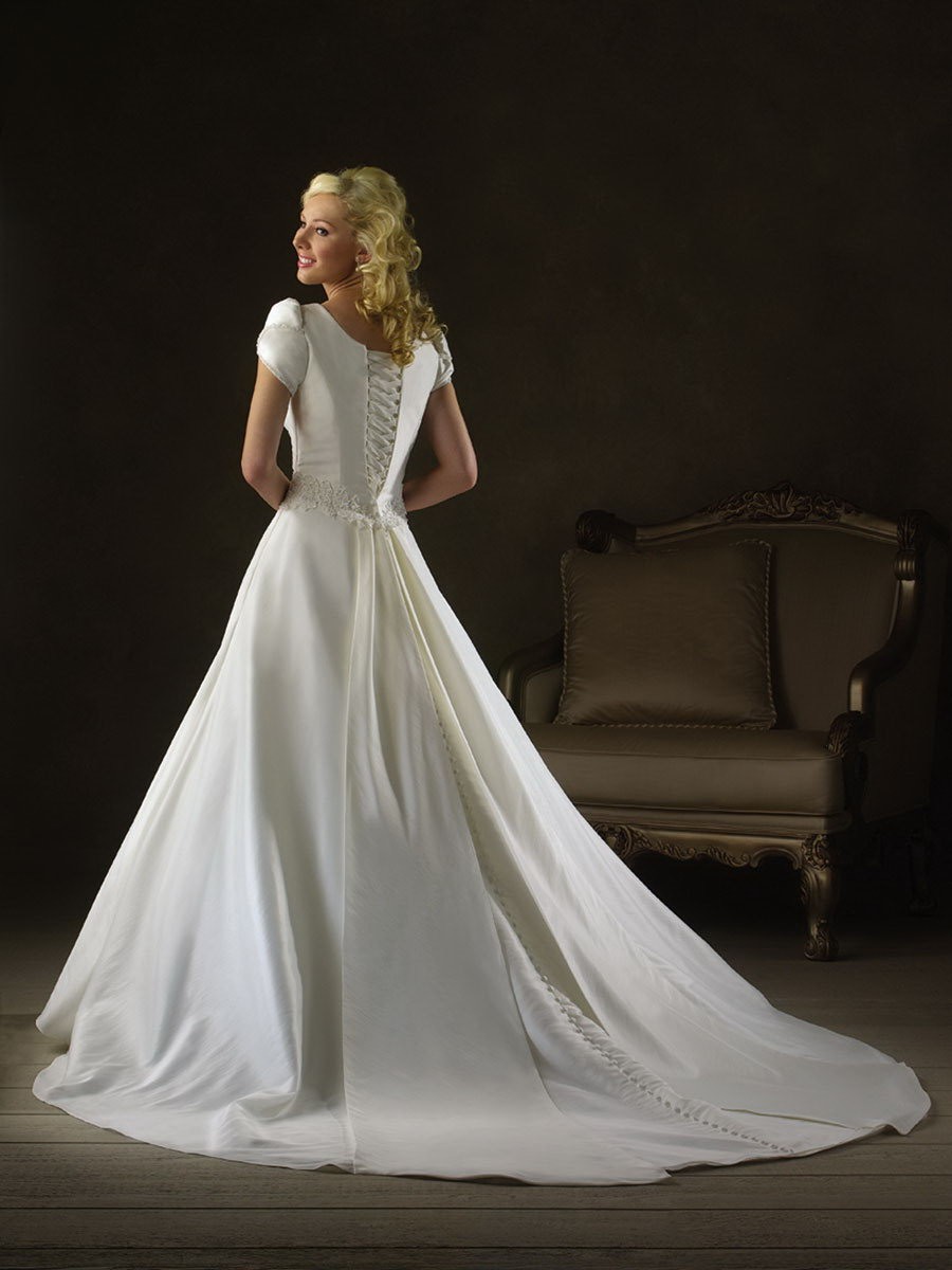 Best Floor Length A-Line Short Sleeves Sweep Train With Applique,Bandage,Button Wedding Dresses WDresses01029