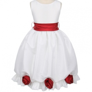 White Taffeta Dress with Rolled Rose Trim