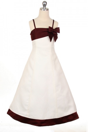 Ivory Flower Girl Dress with Burgundy trim