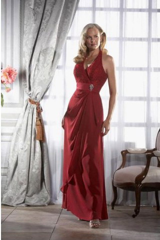 Halter chiffon sexy floor length bridesmaid dress