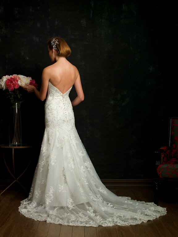 Simple Floor Length A Line Strapless Zipper Sweep/Brush Train With Lace,Appliques Wedding Dresses