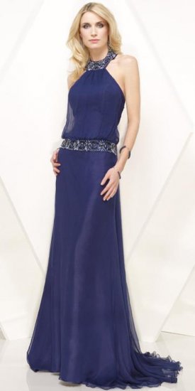 Long Royal Blue Halter Vintage Evening Dress