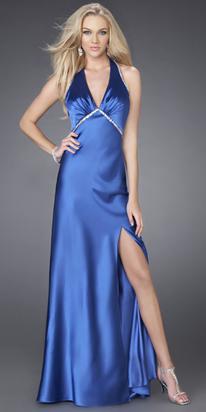 Long Royal Blue Halter & v-neck Satin Evening Dress