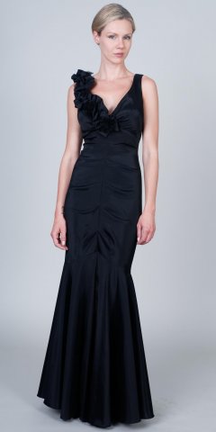 Long Black V-Neck Taffeta Evening Dress