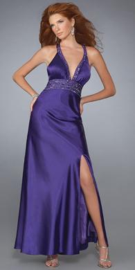 Long Purple V-Neck Satin Evening Dress
