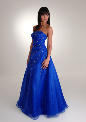 strapless floor length organza appliques blue prom dress