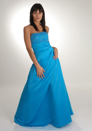 A-line strapless floor lenght satin beading blue prom dress