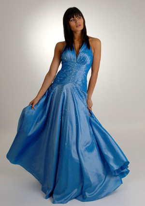 Modest A-line halter top floor length beading blue prom dress