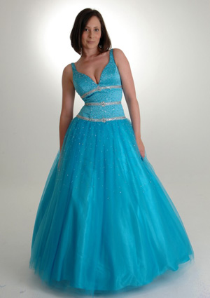 Modest ball gown v-neck floor length beading blue prom dress