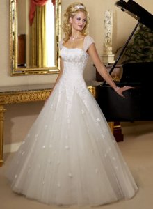 A-line Cap Sleeves Chapel Train Tulle Wedding Dresses (ST0004)